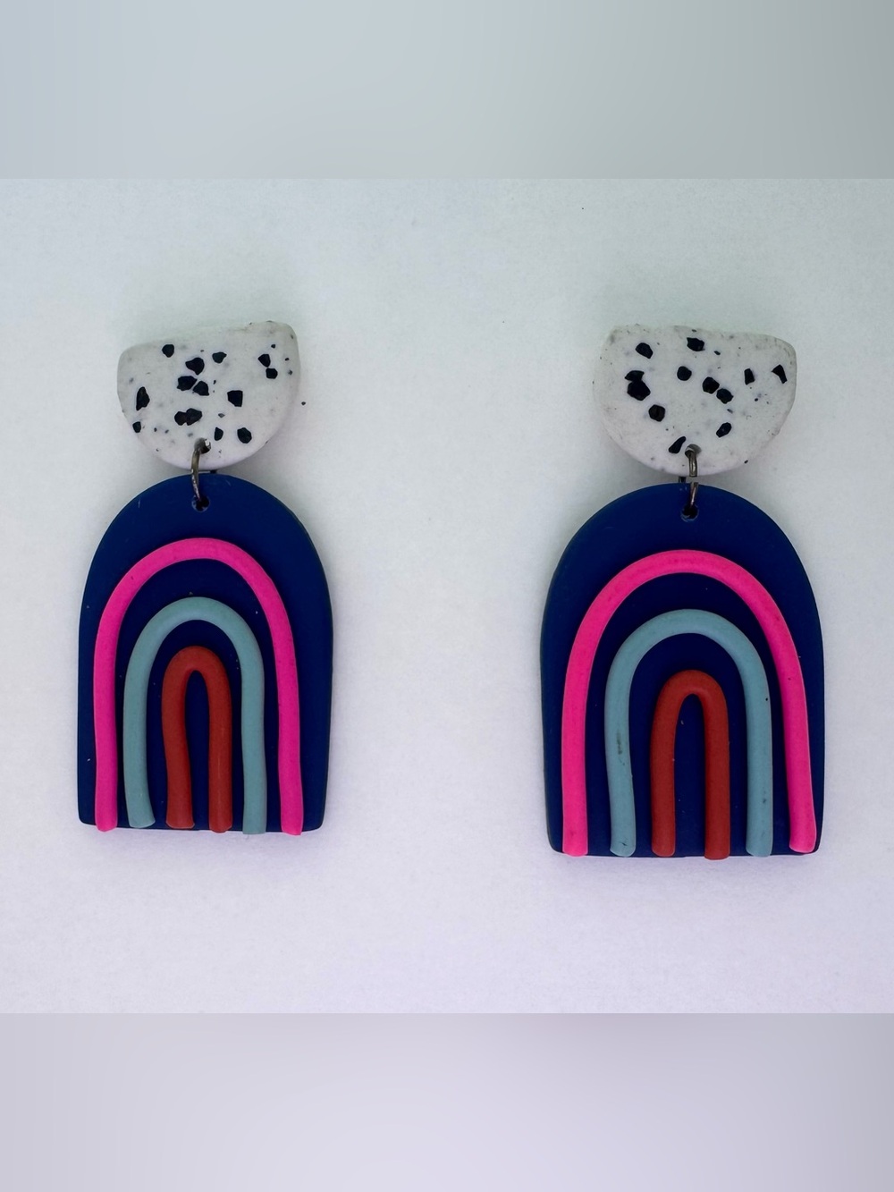 Navy Rainbow Arch Dangle Earrings with Pink & Red Stripes